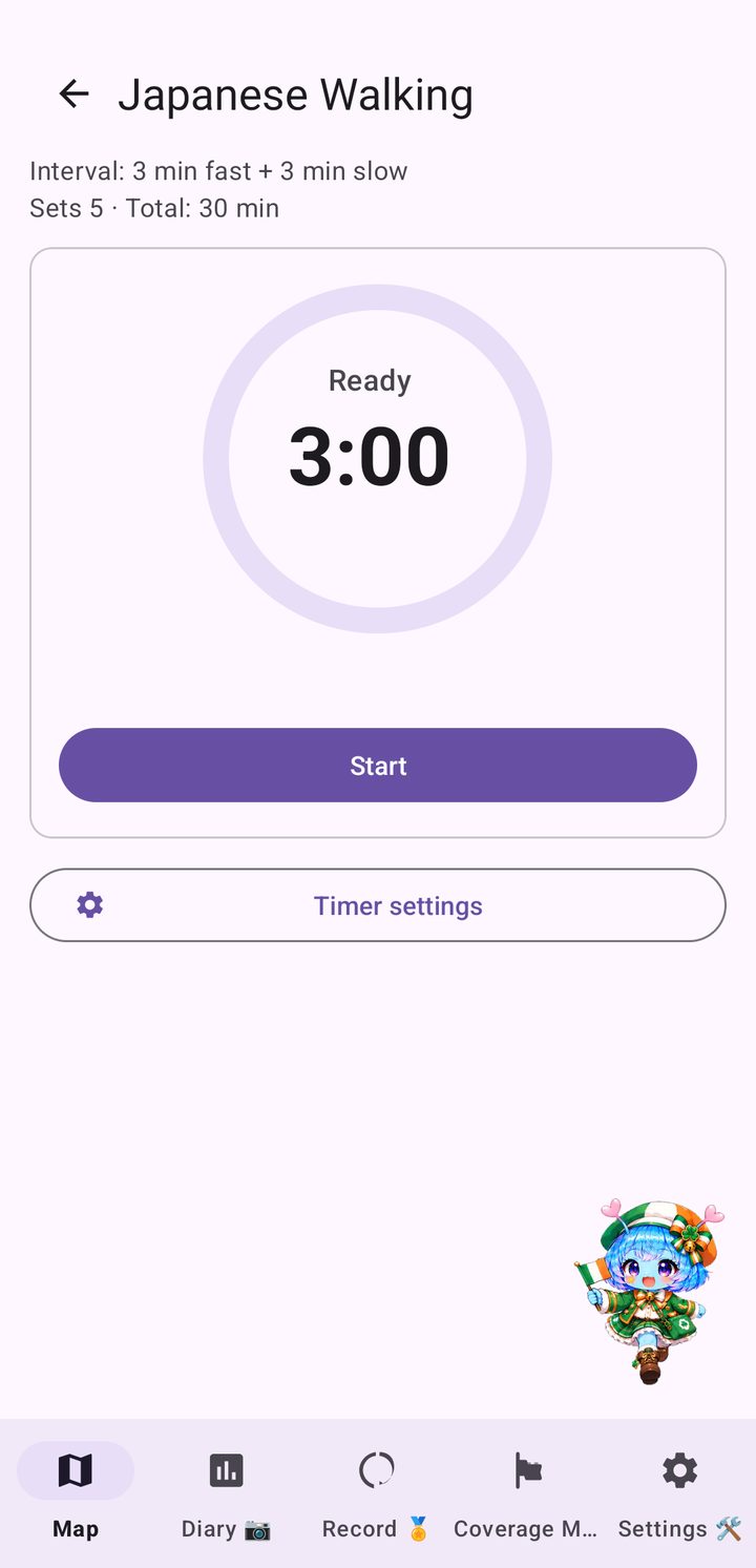 Japanese Walking timer ready to start: 3 minutes fast and 3 minutes slow, 5 sets