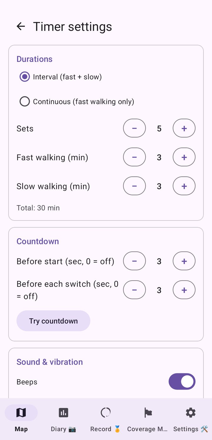 Timer settings for sets, durations, countdown, sound and tempo
