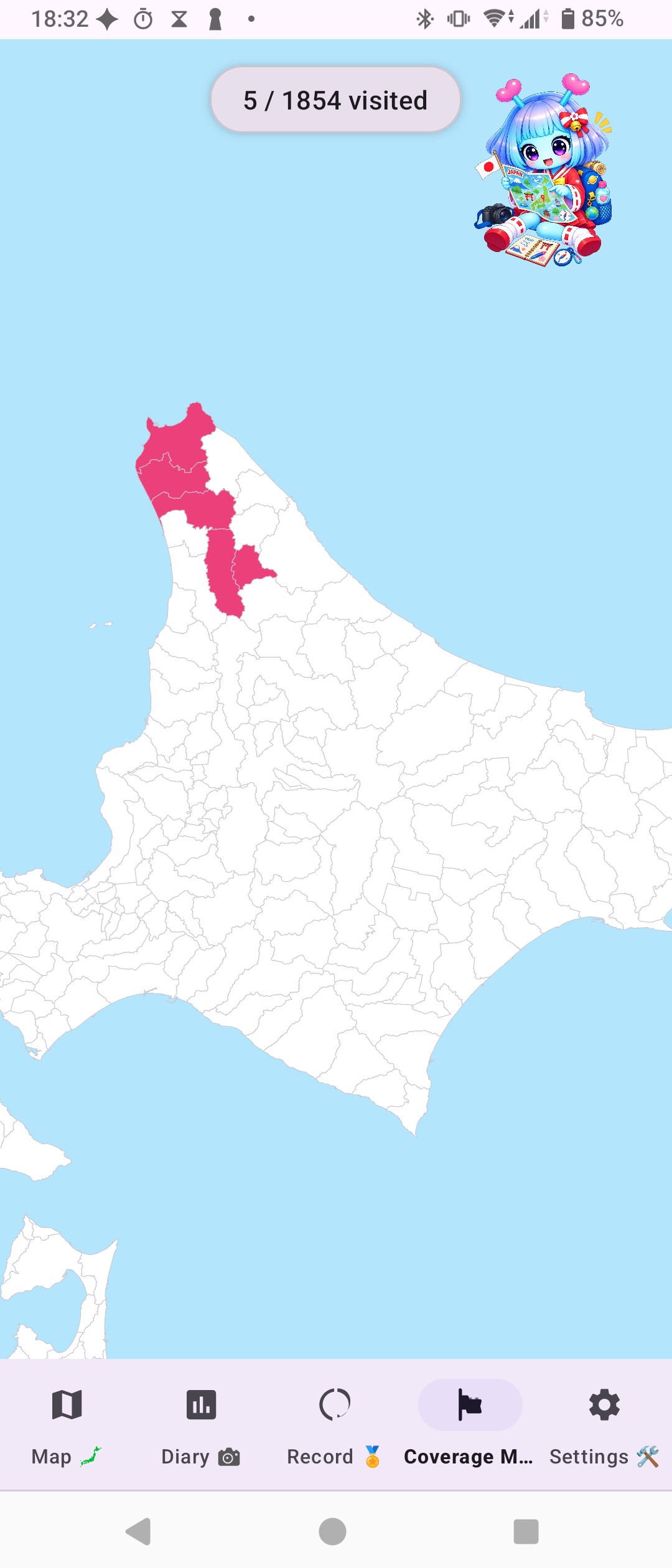 National conquest map screen with visited municipalities colored in pink