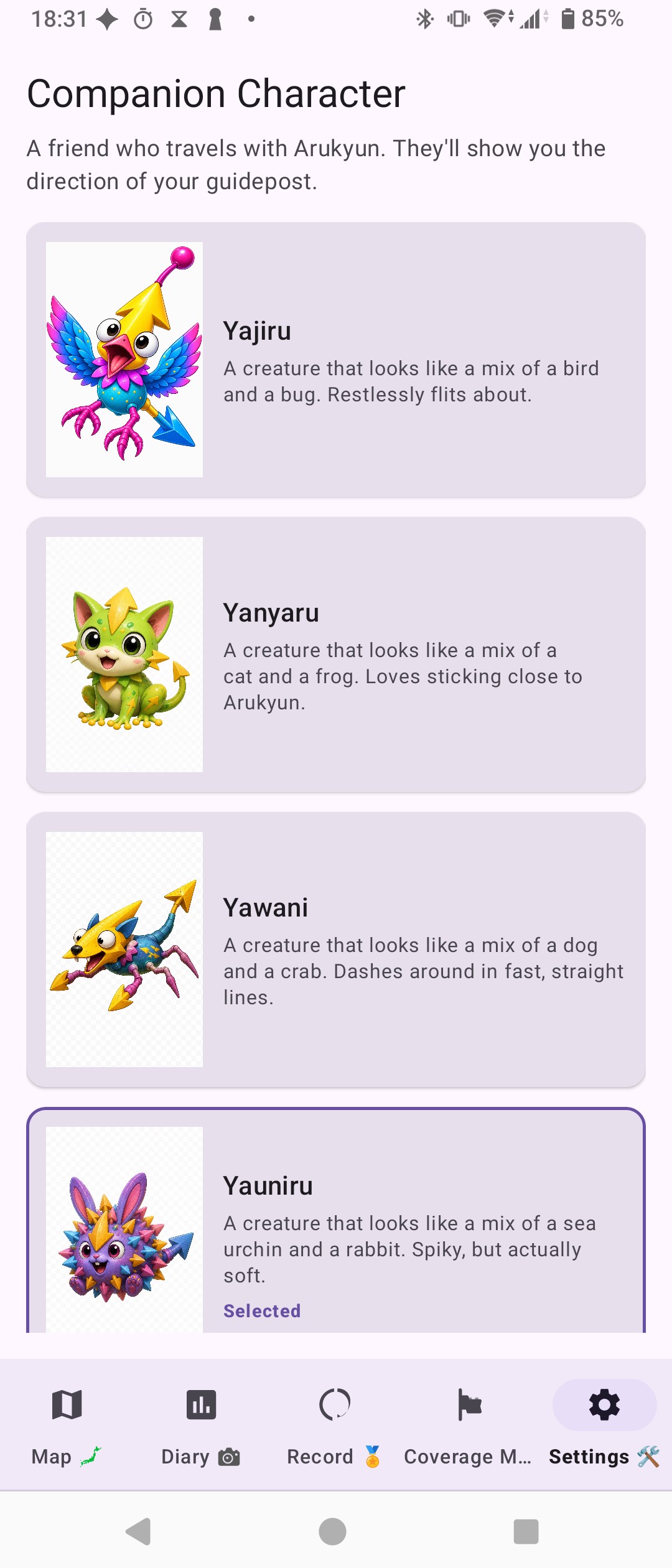 Companion character selection screen &mdash; choose from Yajiru, Yanyaru, Yawani, and Yaunil